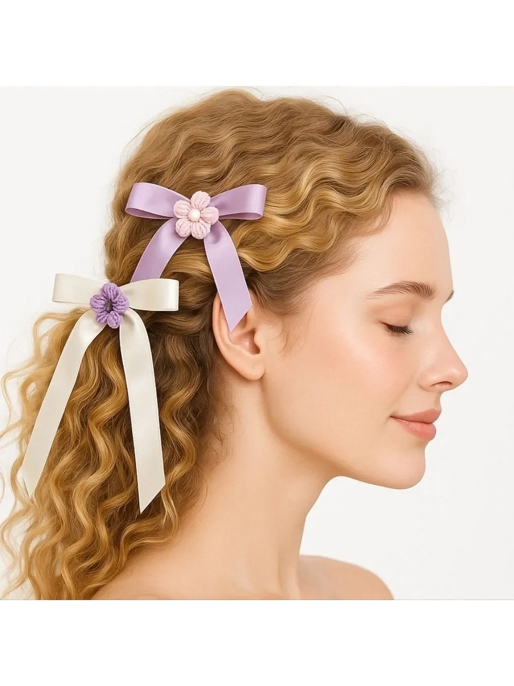 Hand Crafted Ivory Bow with Purple Crochet Flower